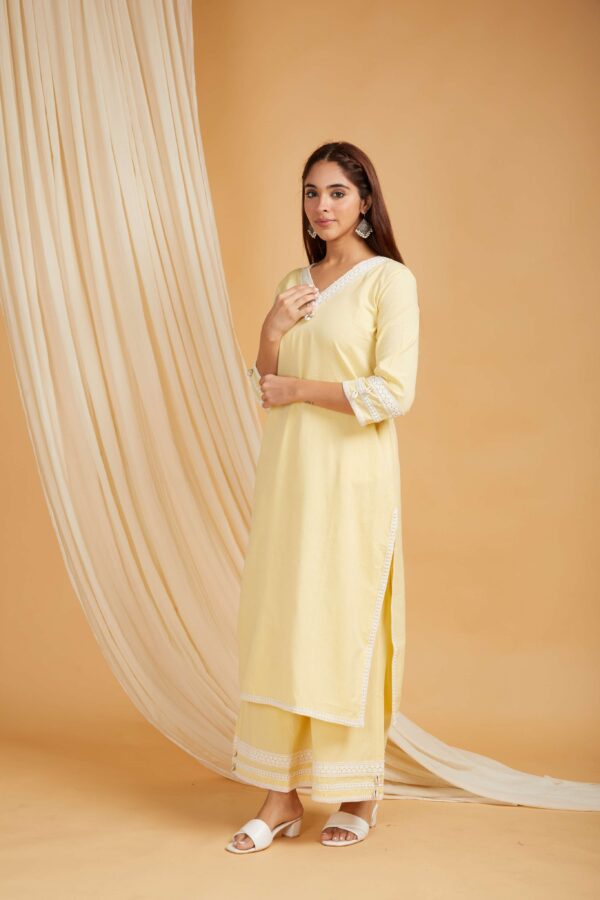 Yellow Cotton Straight kurta with palazzo- with crochet lace detail Set of 2 - Image 6