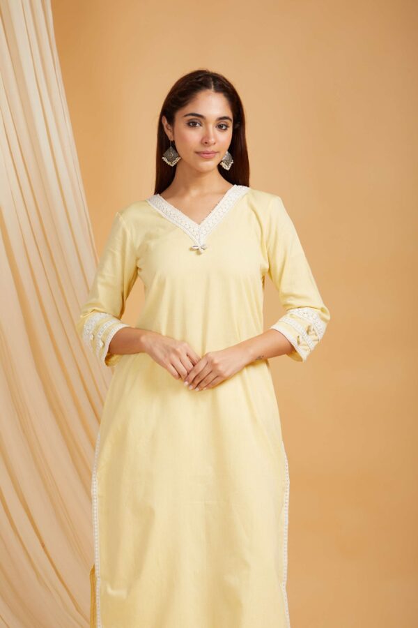 Yellow Cotton Straight kurta with palazzo- with crochet lace detail Set of 2 - Image 5