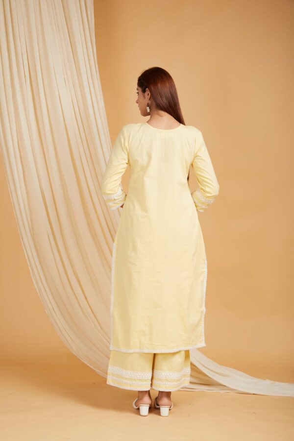 Yellow Cotton Straight kurta with palazzo- with crochet lace detail Set of 2 - Image 4