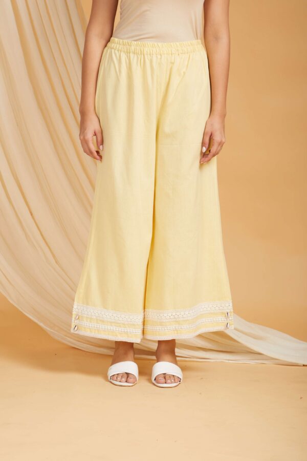 Yellow Cotton Straight kurta with palazzo- with crochet lace detail Set of 2 - Image 3