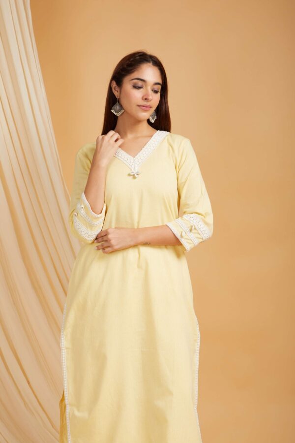 Yellow Cotton Straight kurta with palazzo- with crochet lace detail Set of 2 - Image 2