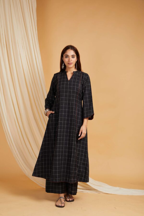 Black Cotton A-Line Kurta and Palazzo Set of 2 - Image 2