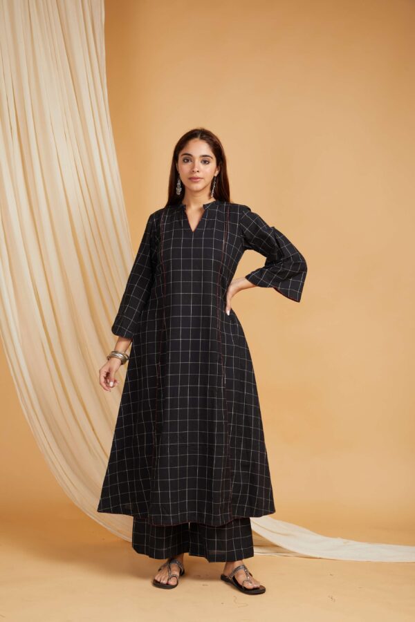 Black Cotton A-Line Kurta and Palazzo Set of 2 - Image 3