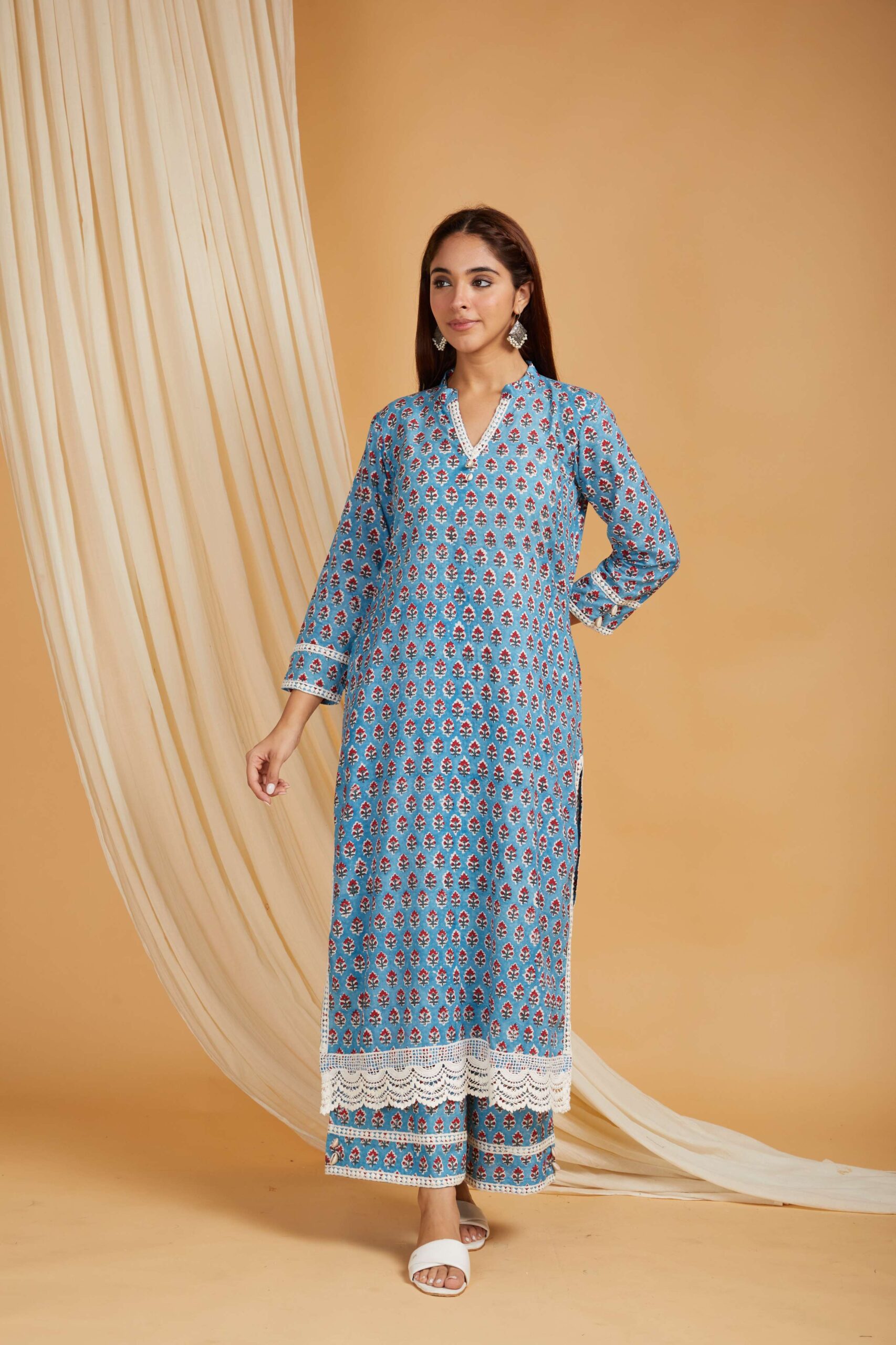 Blue Hand Block Printed Cotton Straight Kurta with Palazzo- with crochet lace detail Set of 2