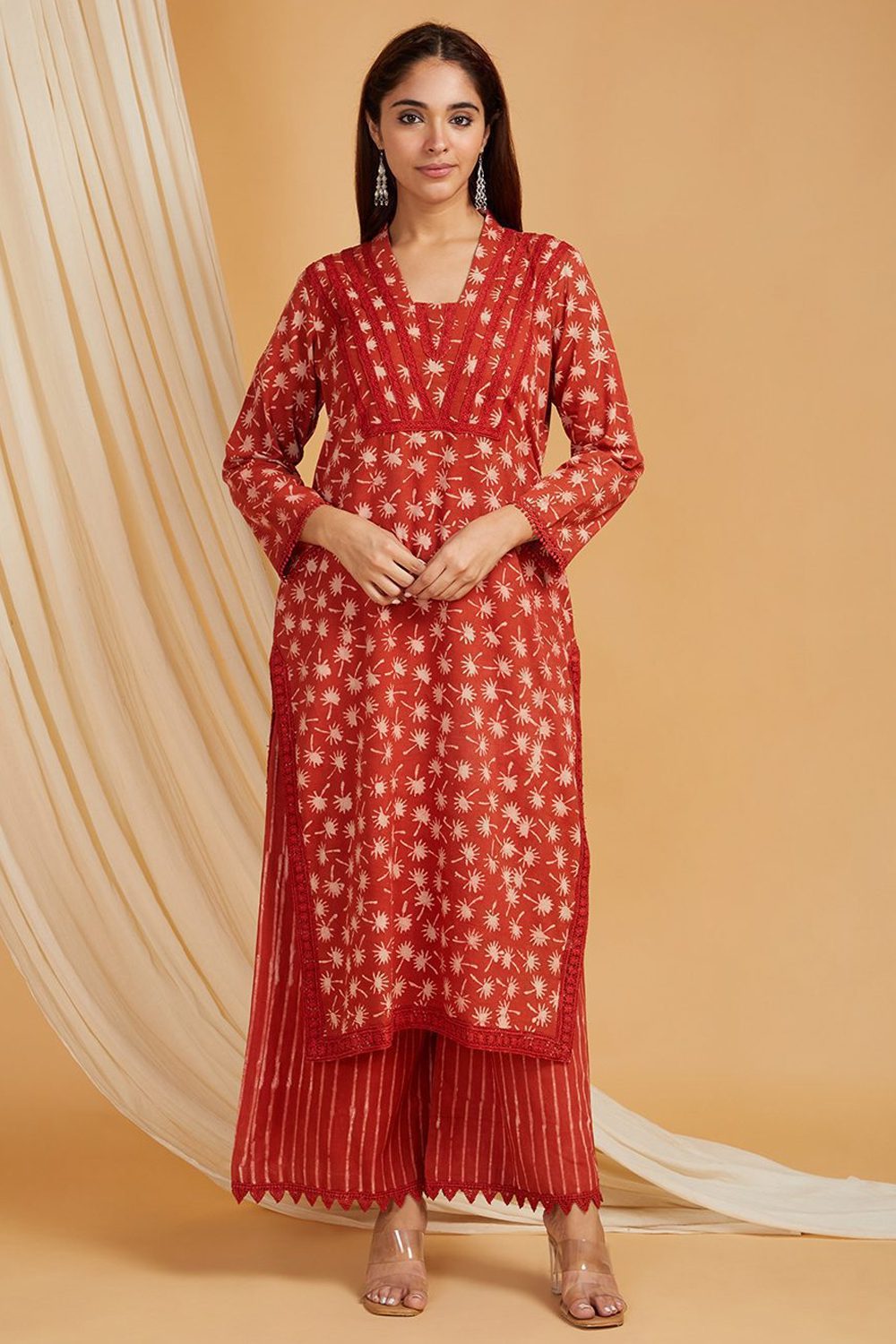 Rust color Hand Block Printed Vanaspati Ajrakh Straight kurta and palazzo Set of 2