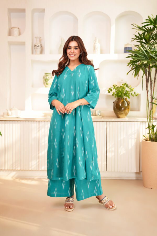 Sea Green Cotton Ikat Tunic with Palazzo- Set of 2