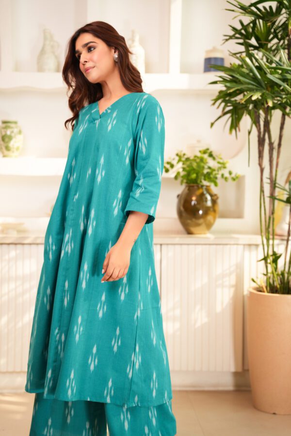 Sea Green Cotton Ikat Tunic with Palazzo- Set of 2 - Image 3
