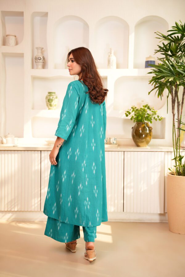 Sea Green Cotton Ikat Tunic with Palazzo- Set of 2 - Image 4
