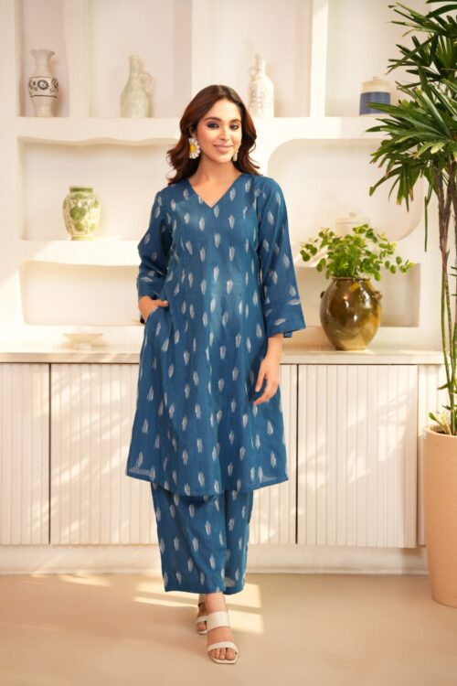 Blue Ikat Flared Tunic with Palazzo- Set of 2