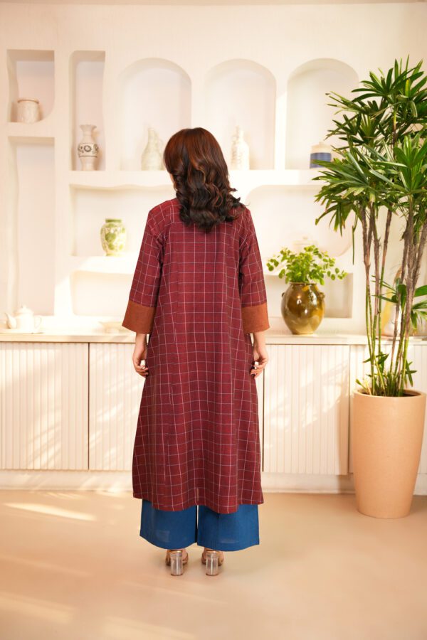 Maroon Cotton Long Flared Tunic with Palazzo- Set of 2 - Image 2