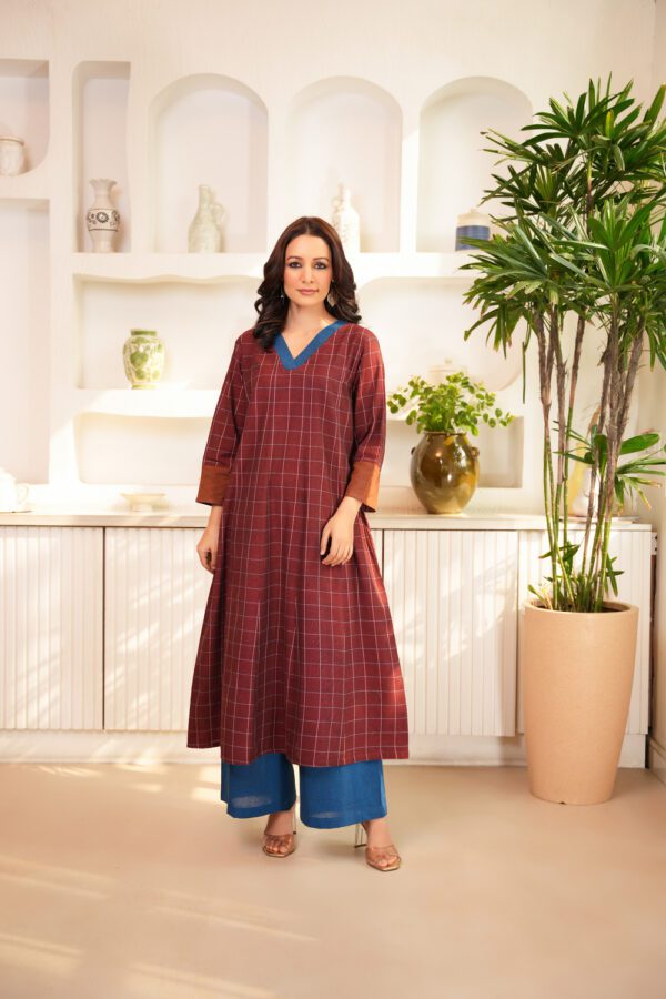 Maroon Cotton Long Flared Tunic with Palazzo- Set of 2 - Image 3