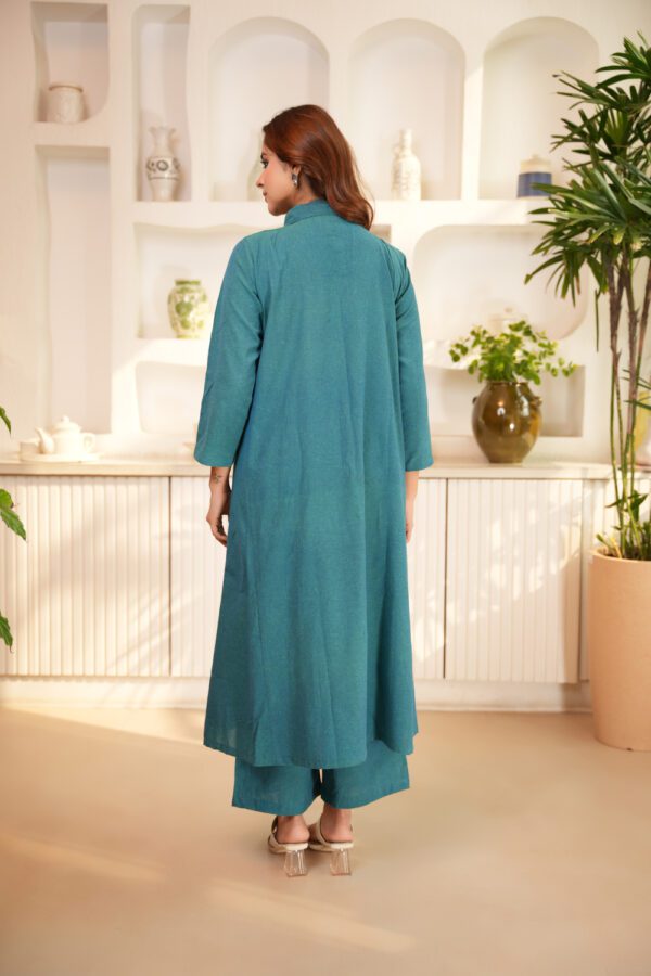 Teal Blue Cotton Anti- Fit Long Shirt with Palazzo- Set of 2 - Image 5