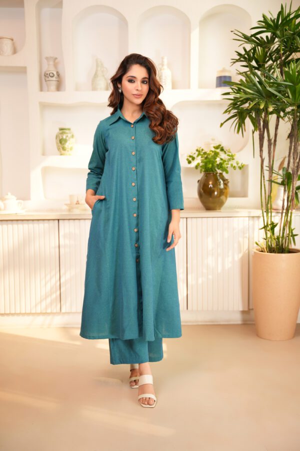 Teal Blue Cotton Anti- Fit Long Shirt with Palazzo- Set of 2