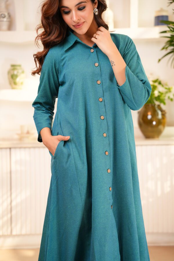 Teal Blue Cotton Anti- Fit Long Shirt with Palazzo- Set of 2 - Image 3