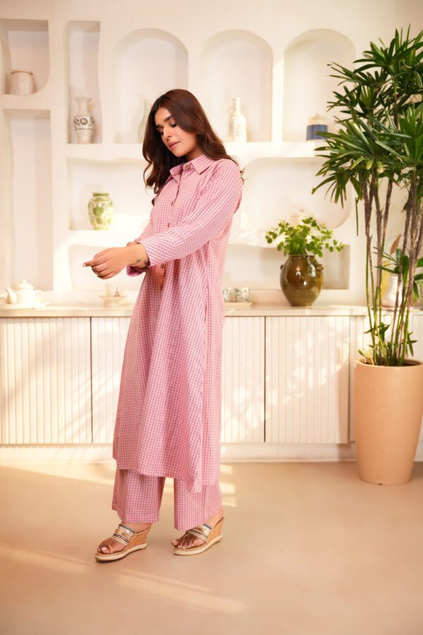 Pink Cotton Anti-Fit Long Shirt with Palazzo- Set of 2 - Image 3
