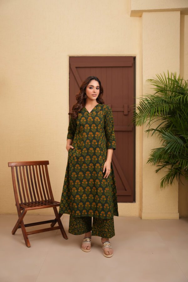 Green Cotton Ajrakh A-Line Kurta - Image 2