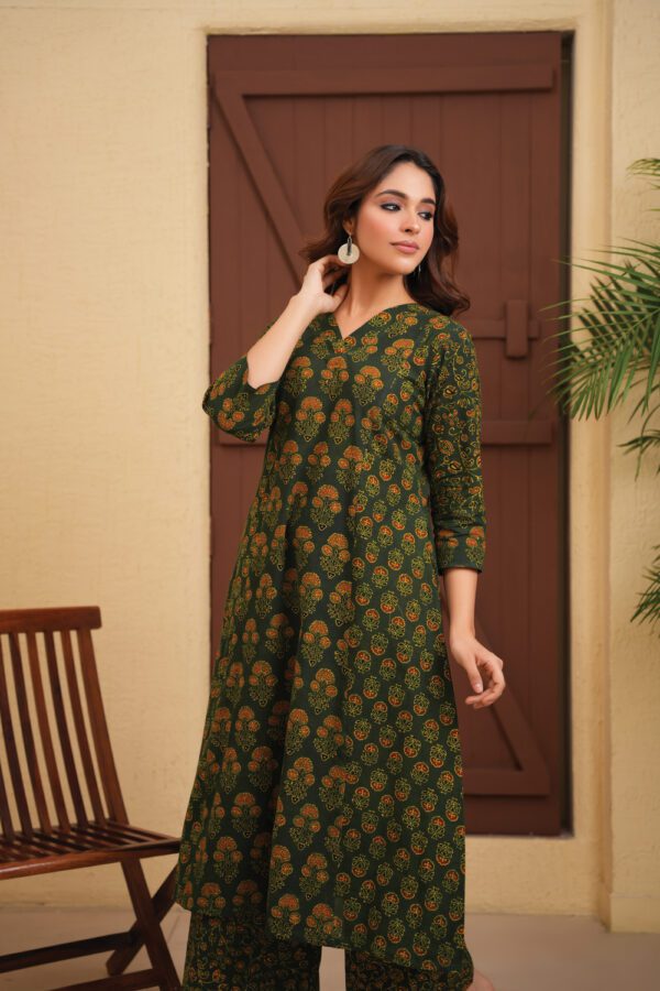Green Cotton Ajrakh A-Line Kurta