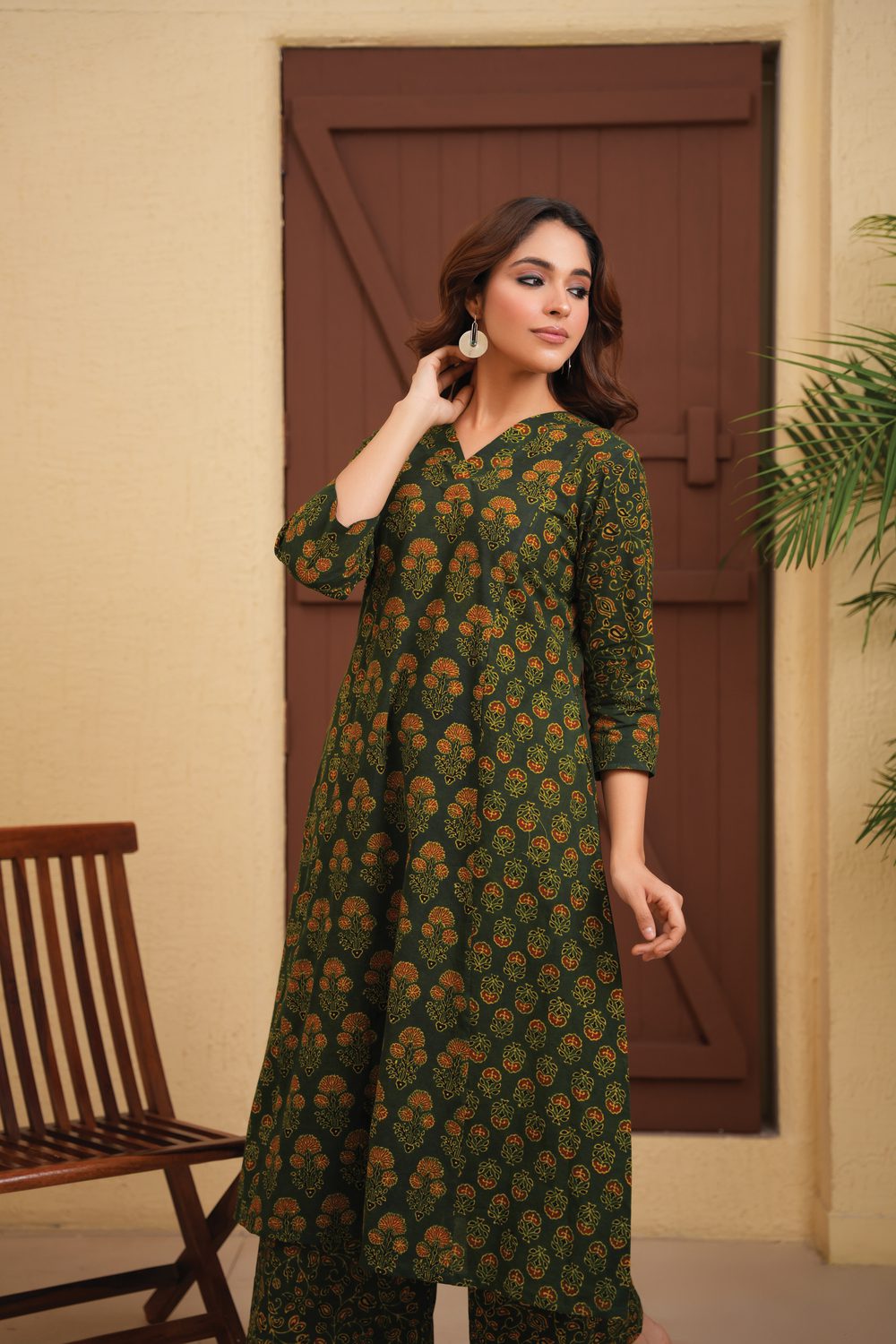 Green Cotton Ajrakh A-Line Kurta