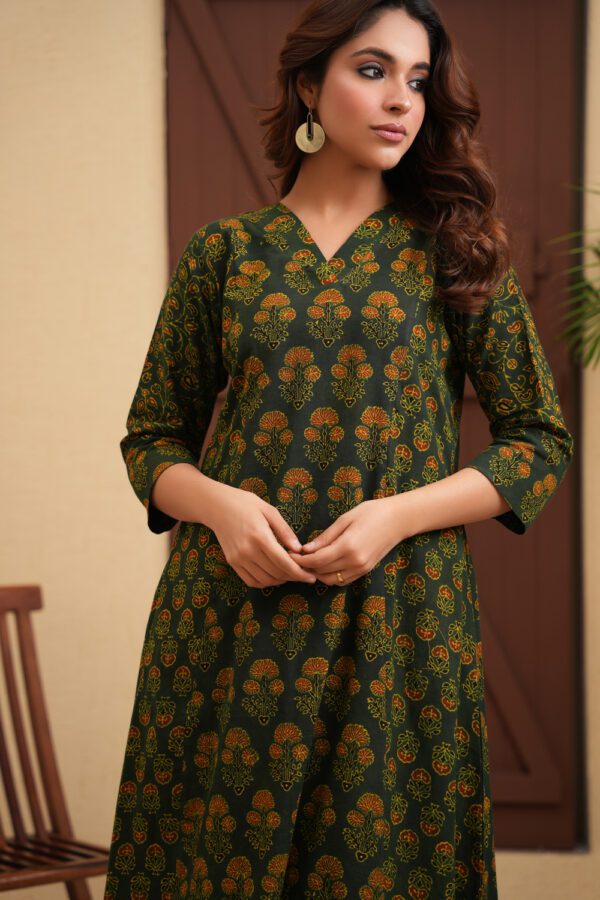 Green Cotton Ajrakh A-Line Kurta - Image 3