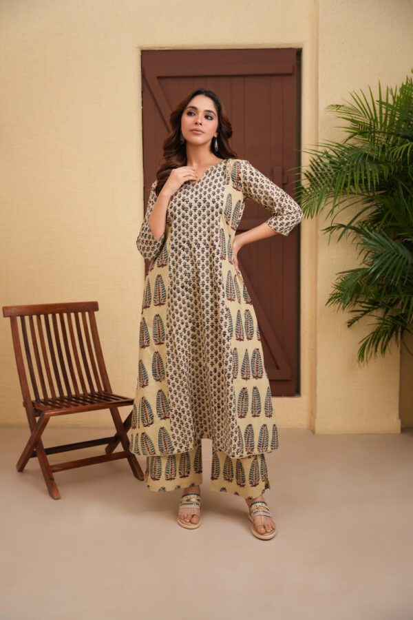 Off White Cotton Ajrakh A-Line Kurta with crochet lace - Image 2