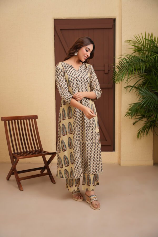 Off White Cotton Ajrakh A-Line Kurta with crochet lace