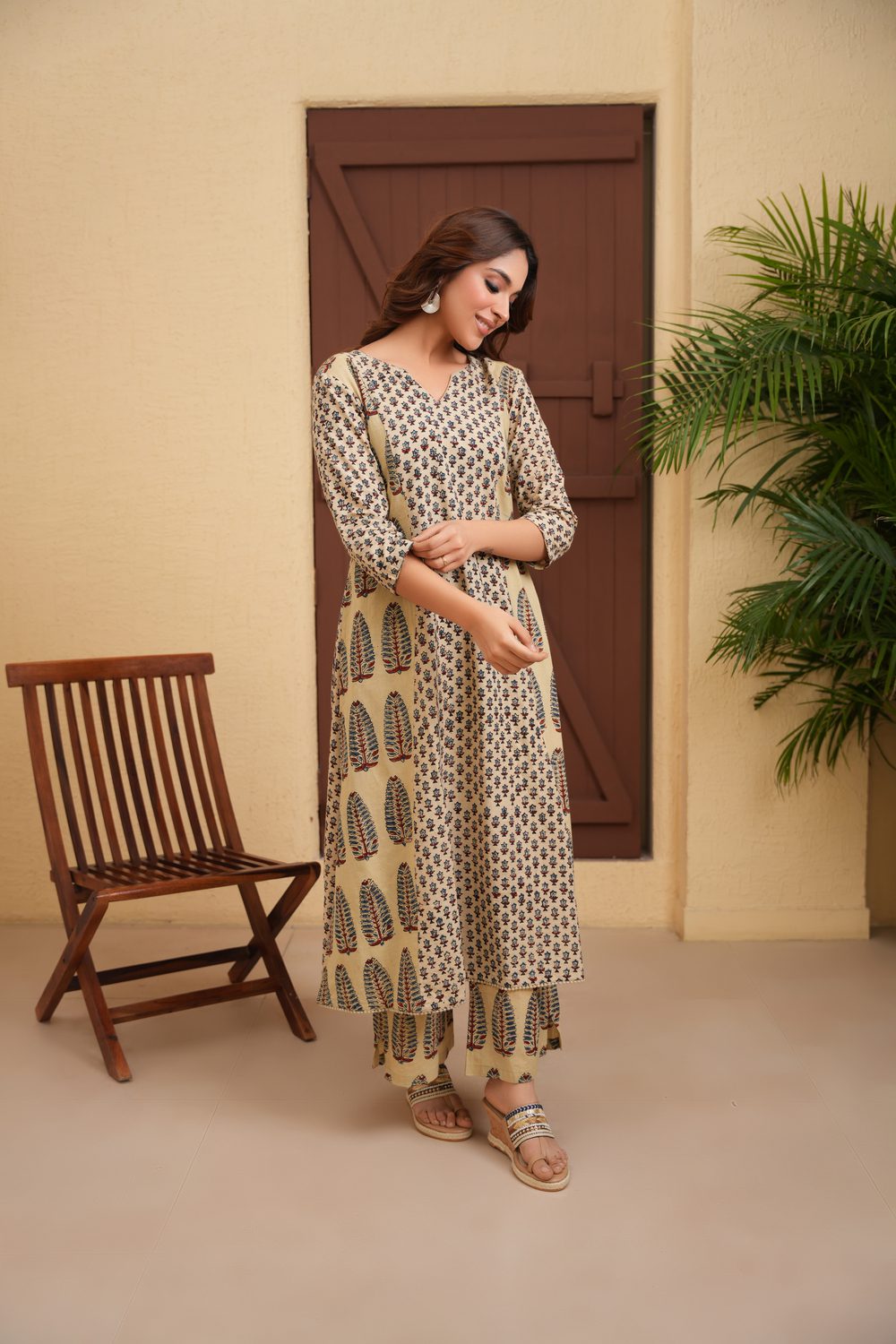 Off White Cotton Ajrakh A-Line Kurta with crochet lace