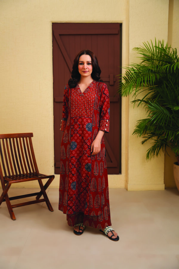 Maroon Cotton Ajrakh Flared Kurta - Image 4