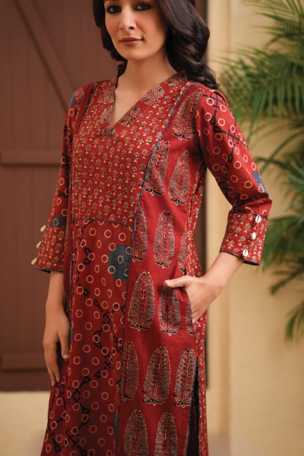 Maroon Cotton Ajrakh Flared Kurta - Image 2