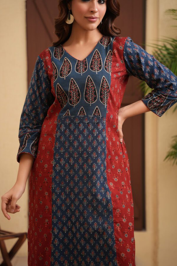 Indigo Maroon Cotton Ajrakh Straight Kurta - Image 3