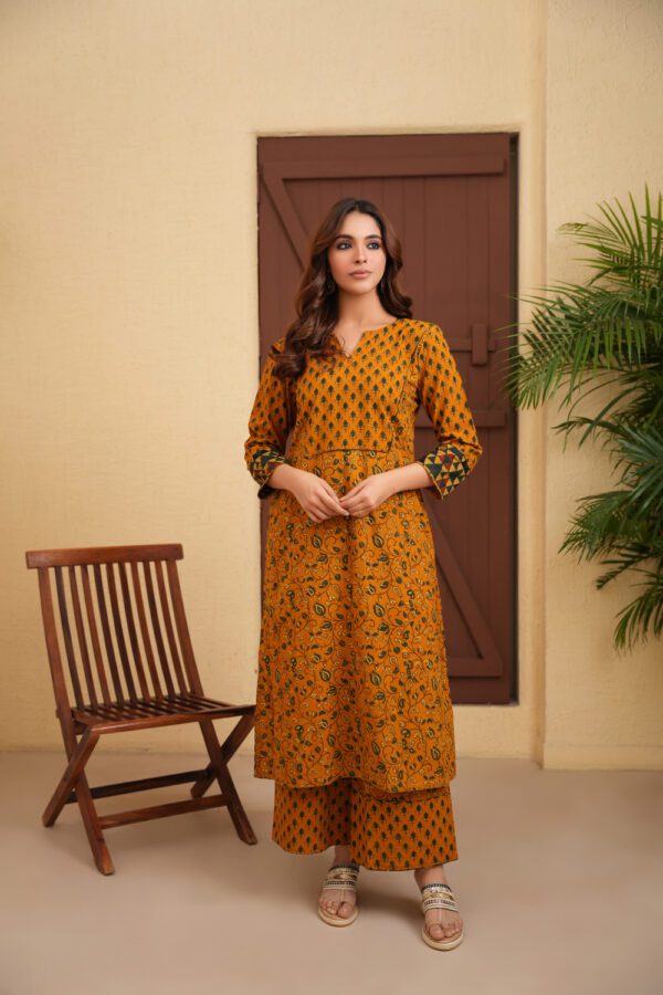 Yellow Cotton Ajrakh Flare Kurta with contrast panel at back - Image 4