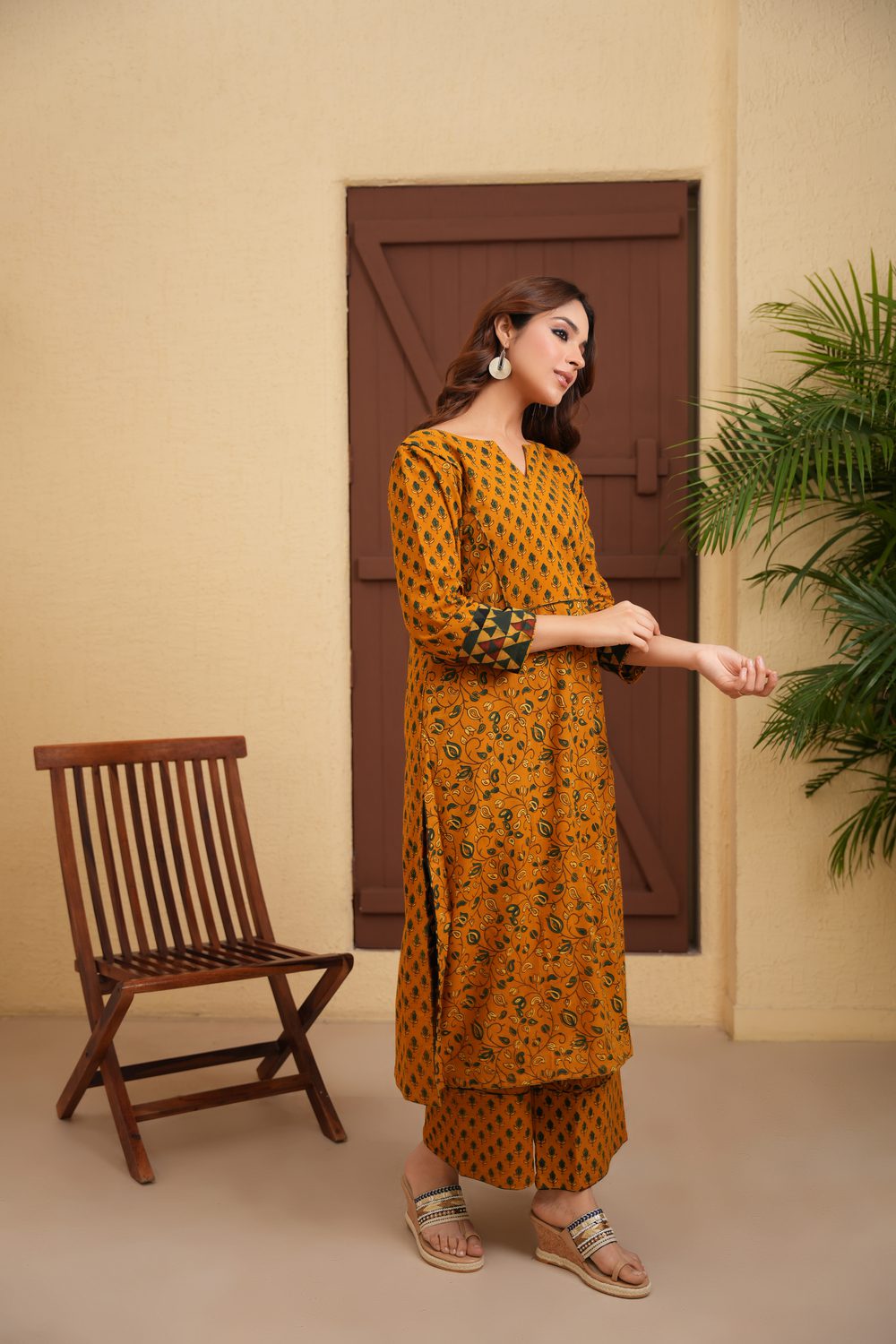 Yellow Cotton Ajrakh Flare Kurta with contrast panel at back