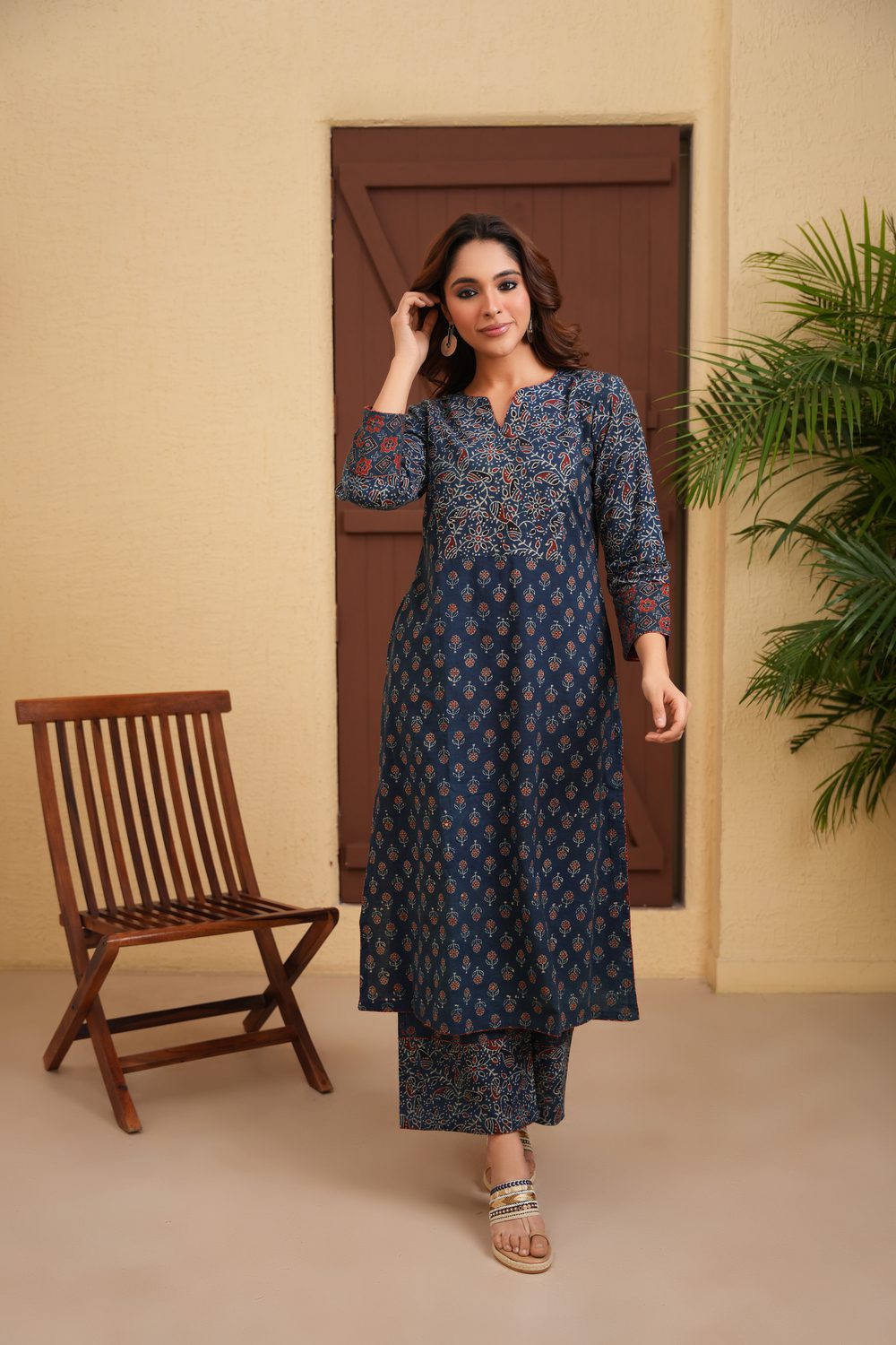 Indigo Blue Cotton Ajrakh Straight Kurta with Palazzo Set of 2
