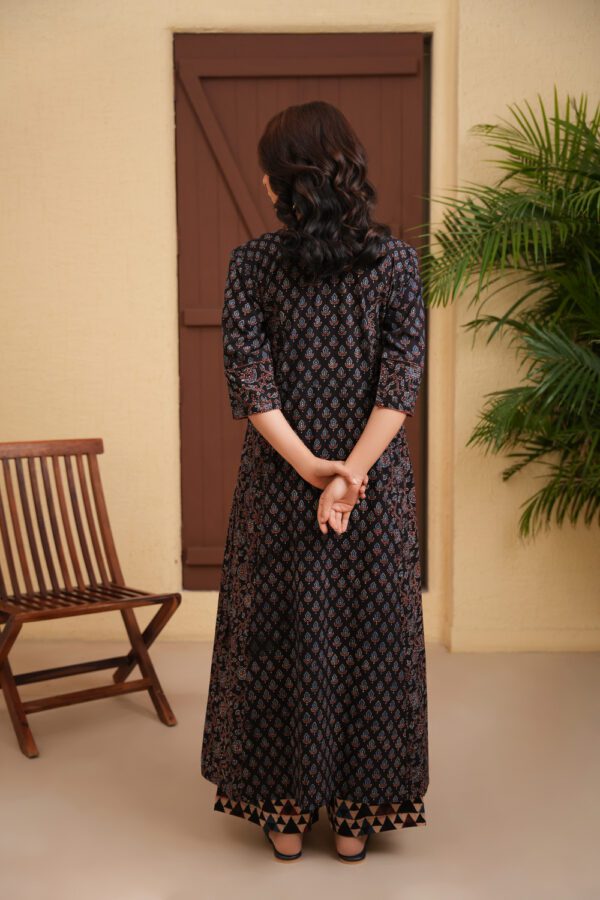 Black Cotton Ajrakh Angrakha Kurta - Image 2