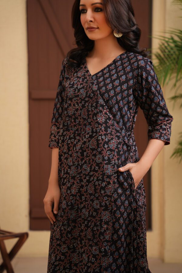 Black Cotton Ajrakh Angrakha Kurta - Image 3