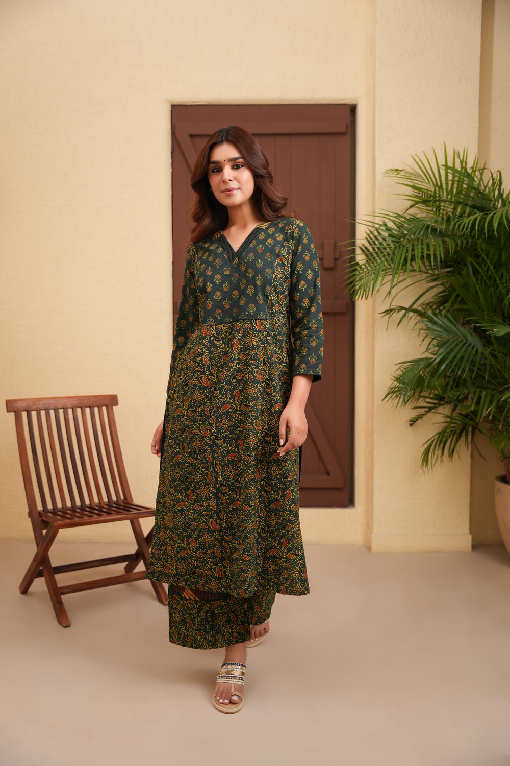 Green Cotton Ajrakh Straight Kurta with Palazzo Set of 2