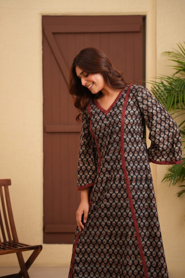 Black Cotton Ajrakh A-Line Kurta