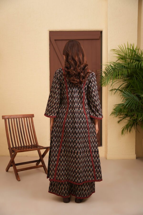 Black Cotton Ajrakh A-Line Kurta - Image 3