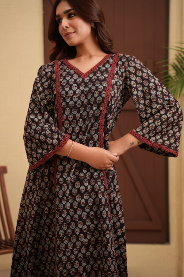 Black Cotton Ajrakh A-Line Kurta - Image 2