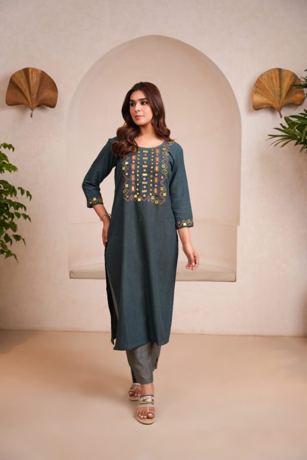 Indigo Kala Cotton Rabari Kurta with Grey Pants