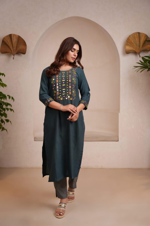 Indigo Kala Cotton Rabari Kurta with Grey Pants - Image 2