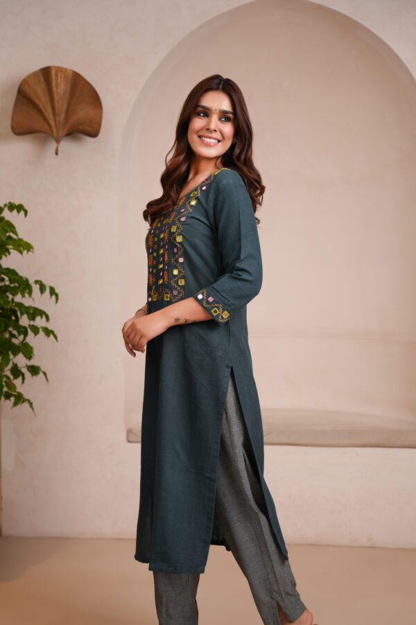 Indigo Kala Cotton Rabari Kurta with Grey Pants - Image 3