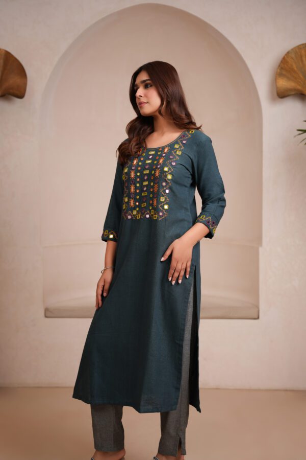 Indigo Kala Cotton Rabari Kurta with Grey Pants - Image 4