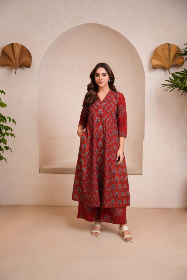 Maroon Cotton Ajrakh A-Line Kurta - Image 3