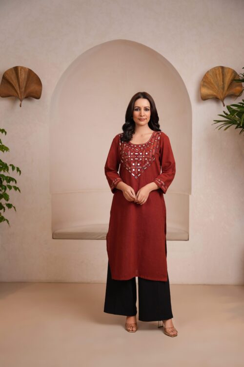 Red Kala Cotton Rabari Kurta with Black Palazzo