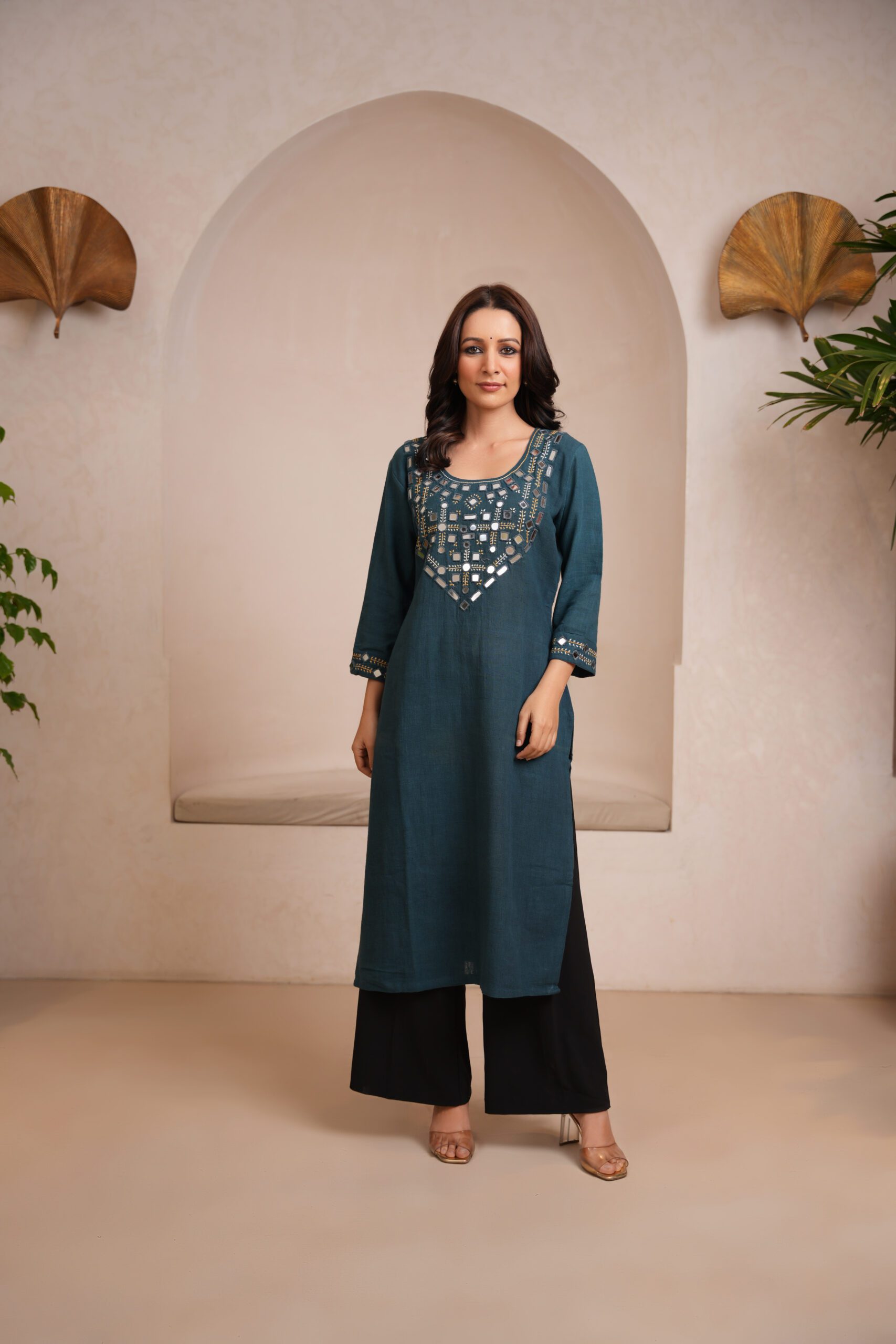 Indigo Kala Cotton Rabari Kurta with Black Cotton Palazzo
