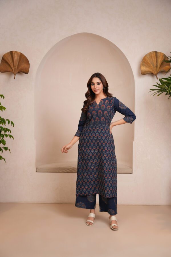 Indigo Blue Cotton Ajrakh Flared Kurta - Image 2