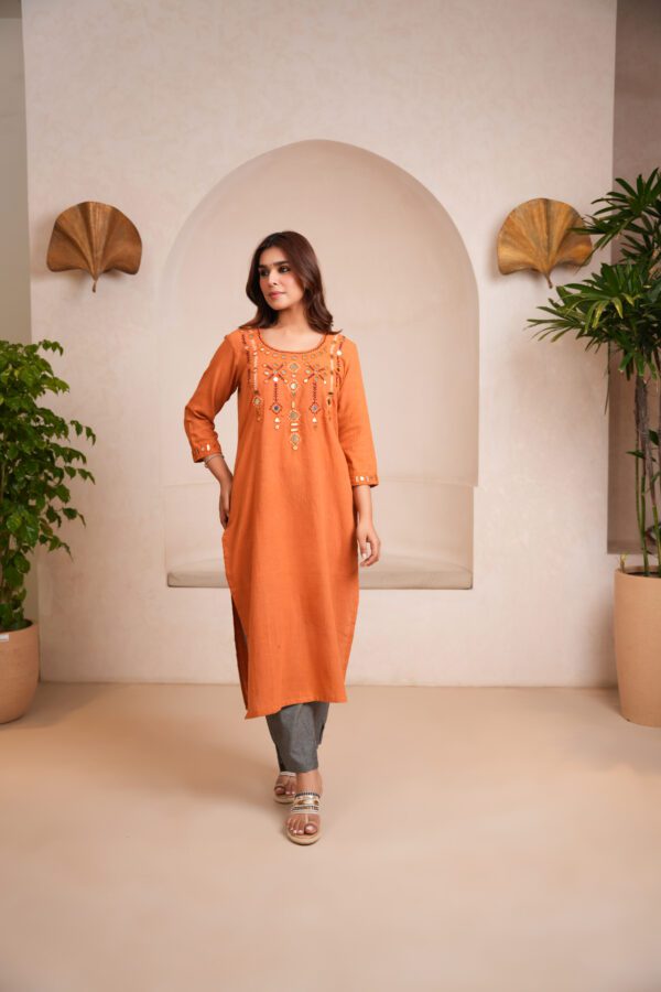Pale Orange Kala Cotton Rabari Kurta with Grey Cotton Pants