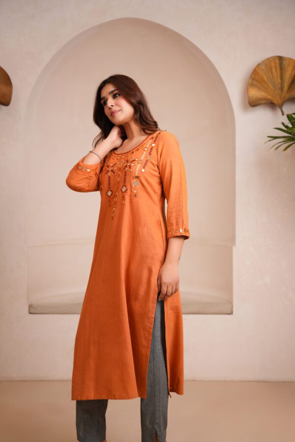 Bright Orange Kala Cotton Rabari Kurta with Grey Pants - Image 2