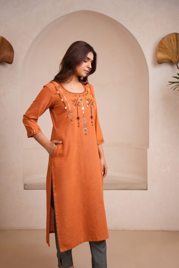 Bright Orange Kala Cotton Rabari Kurta with Grey Pants - Image 3