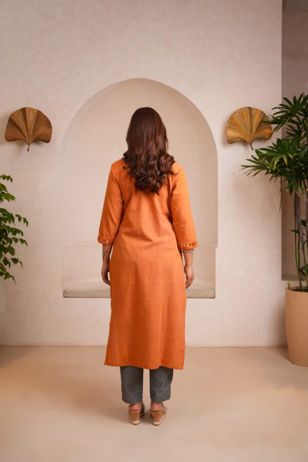 Bright Orange Kala Cotton Rabari Kurta with Grey Pants - Image 4